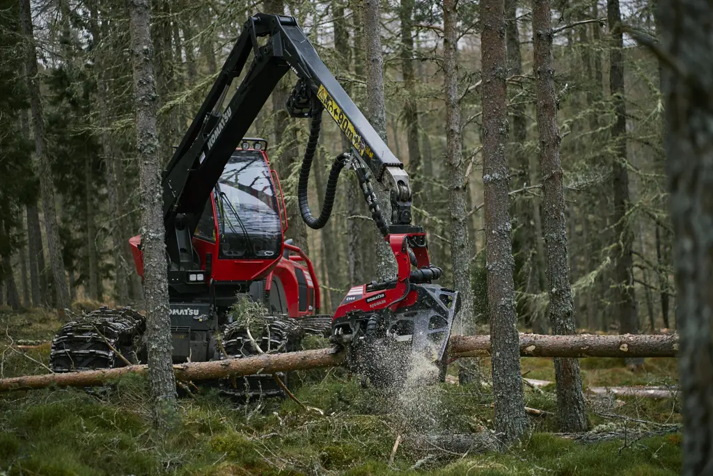 Harvesting machine cutting through a tree.