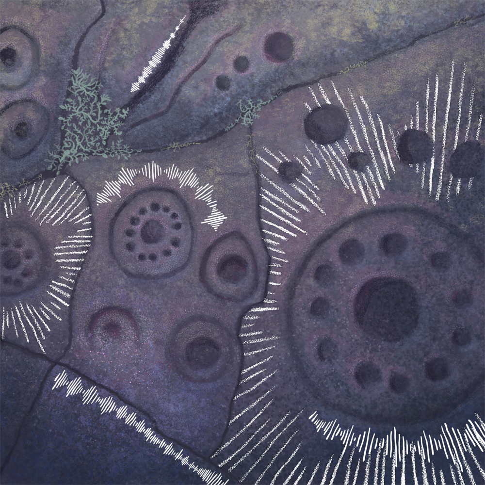 Pale blue art depiction of cave art with green foliage 