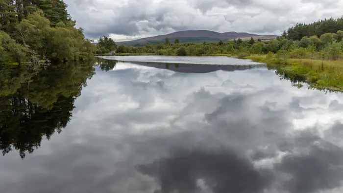 Reflections in a lochan on a cloudy day.