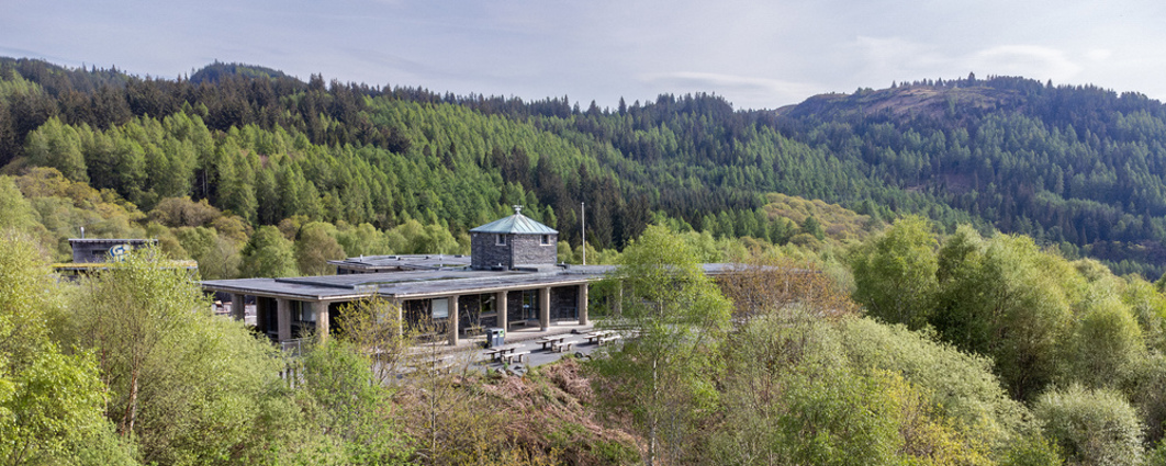 done shot of a building in a forest