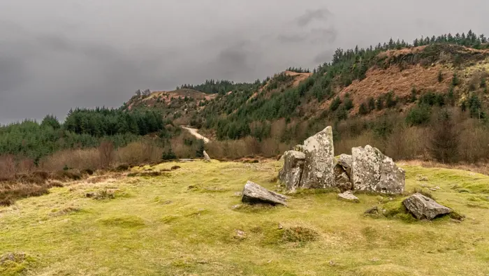Rocks on a hillside with views over a forest.