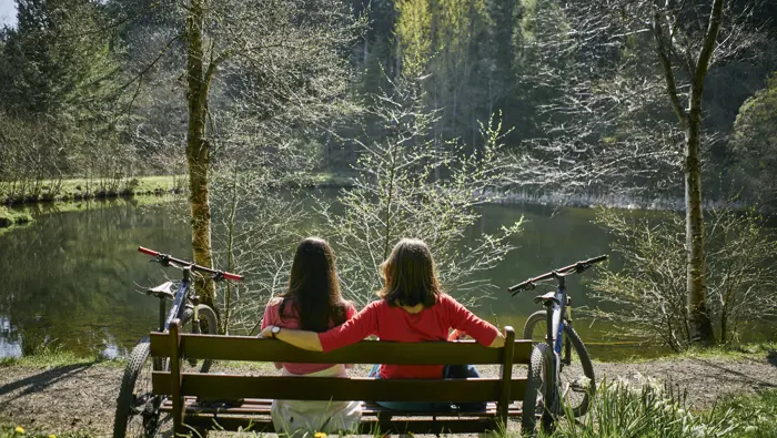 Two people on a bench next to a lochan in a forest.
