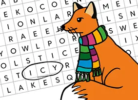 Wordsearch with the word "icy" circled and a cartoon fox in a colourful scarf over the top.