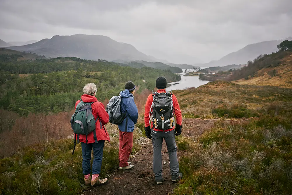 Several people in outdoor walking kit gathered on tussocky land looking at distant hills