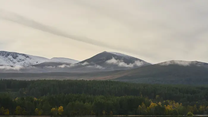 View across loch to woodland and beyond to the Cairngorm mountain range, Loch Morlich, Glenmore Forest Park, near Aviemore