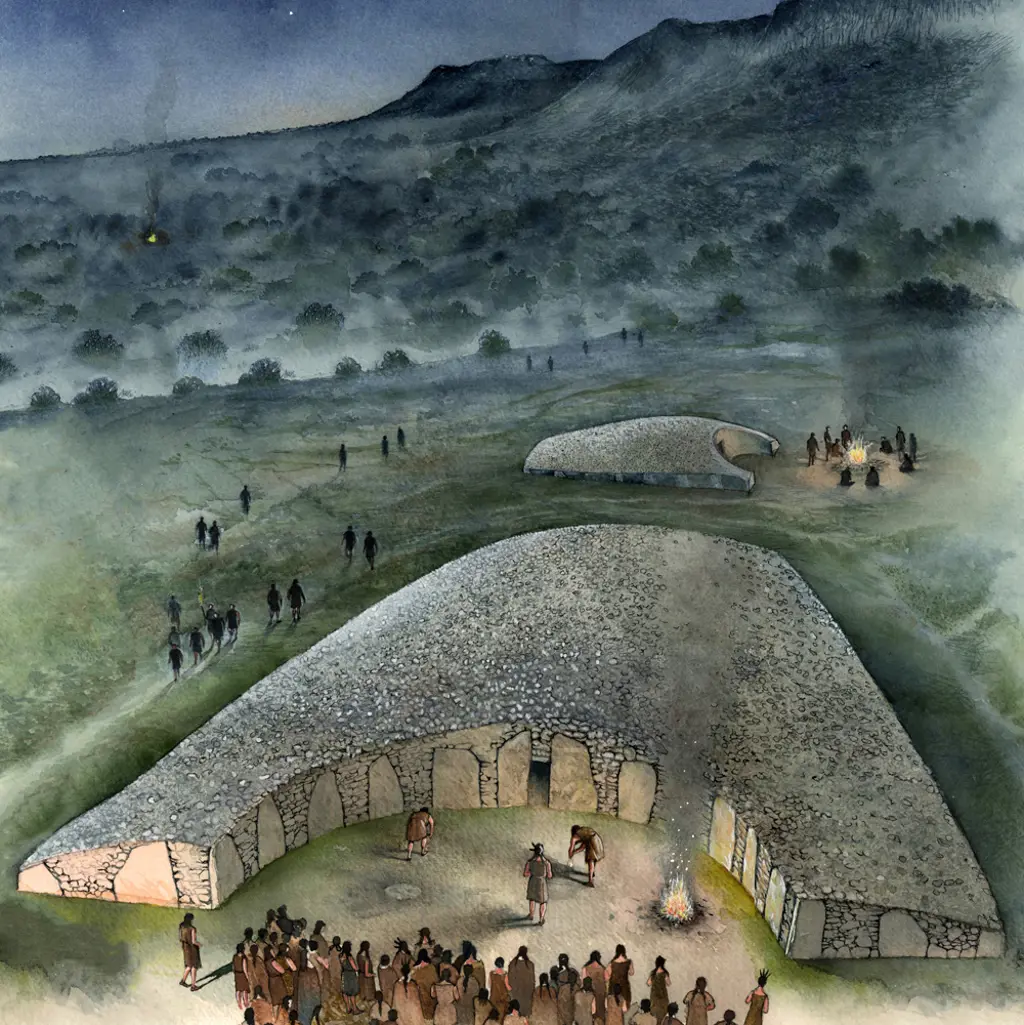 Reconstruction drawing of a night time ceremony outside the chambered cairn of the Giant's Graves on Arran.