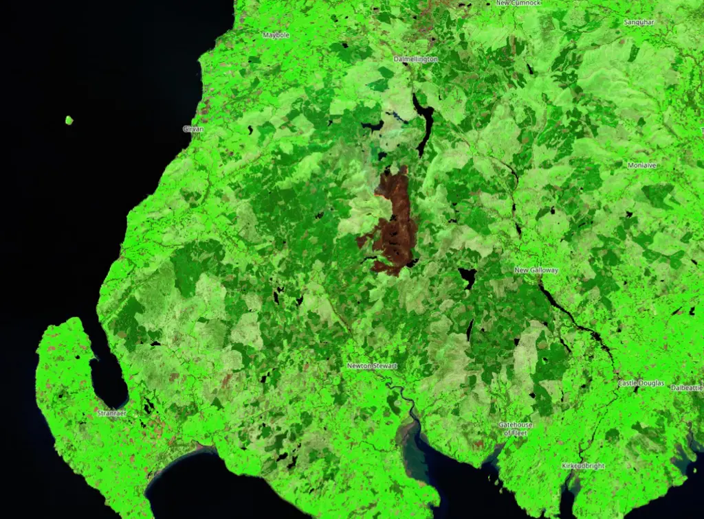 A map showing a large burned area of land.
