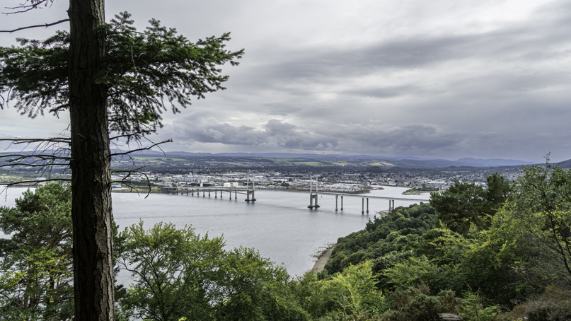 A treed hillside overlooking water and a bridge towards a town