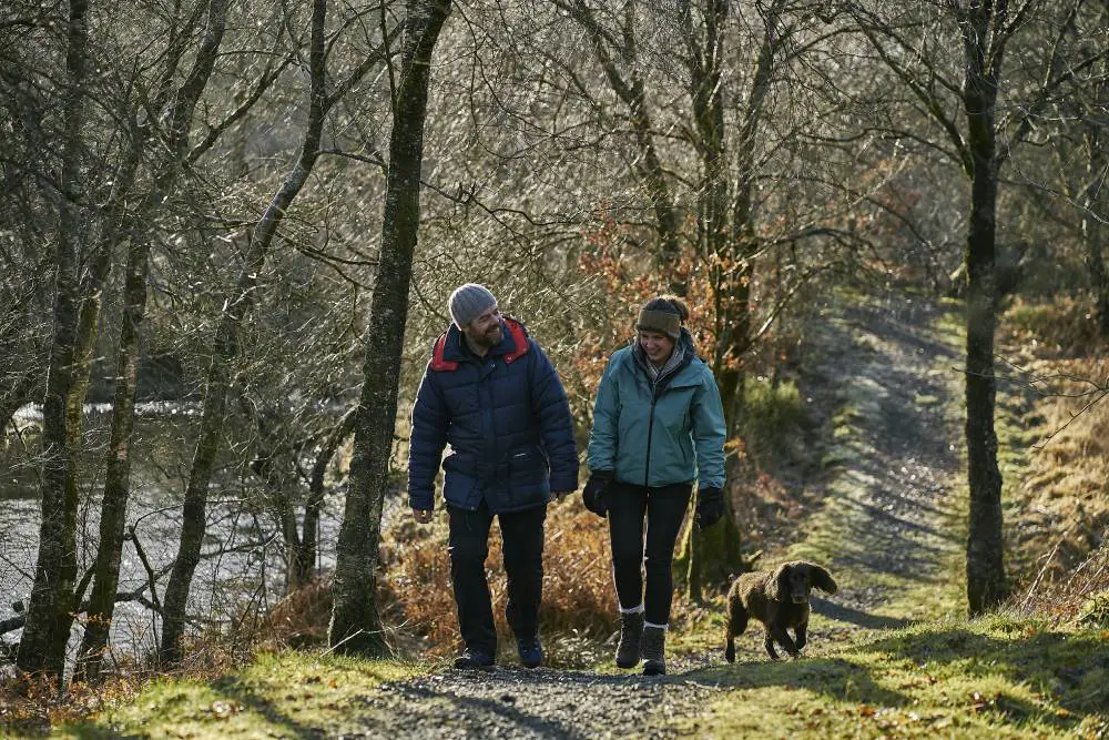 A man and woman walk a dog along a tree-lined river bank