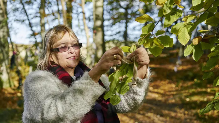 Lady tying a small piece of cotton rag to a branch.