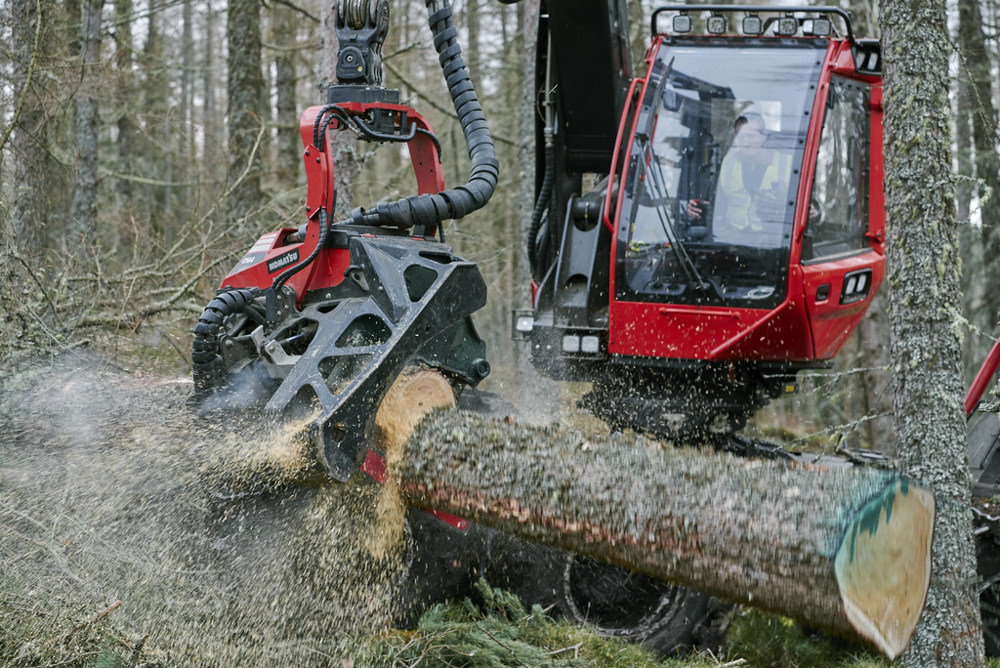 Harvesting machine cutting a log in the forest.