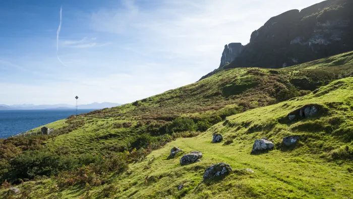 Grassy path with cliffs on the right and coast to the left.