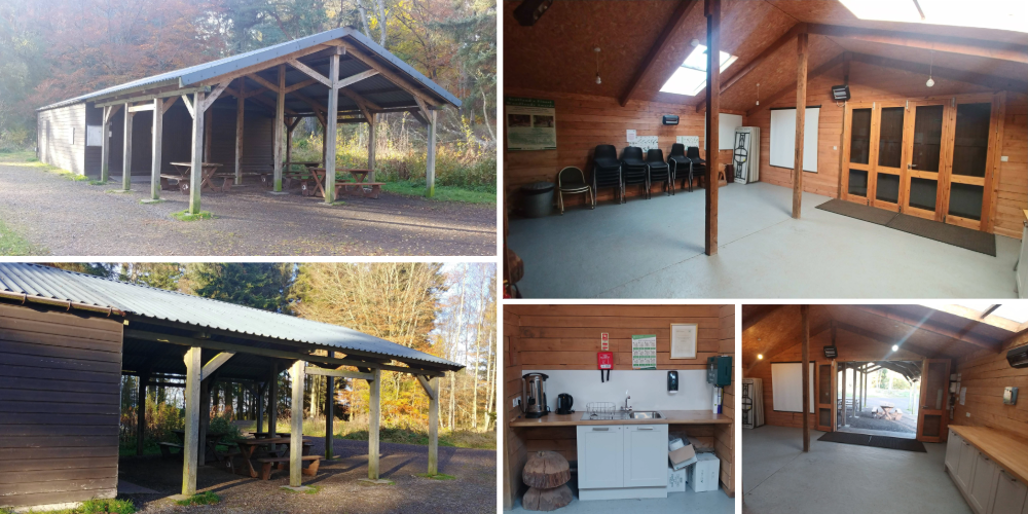 Photos of a wooden building from the outside and inside