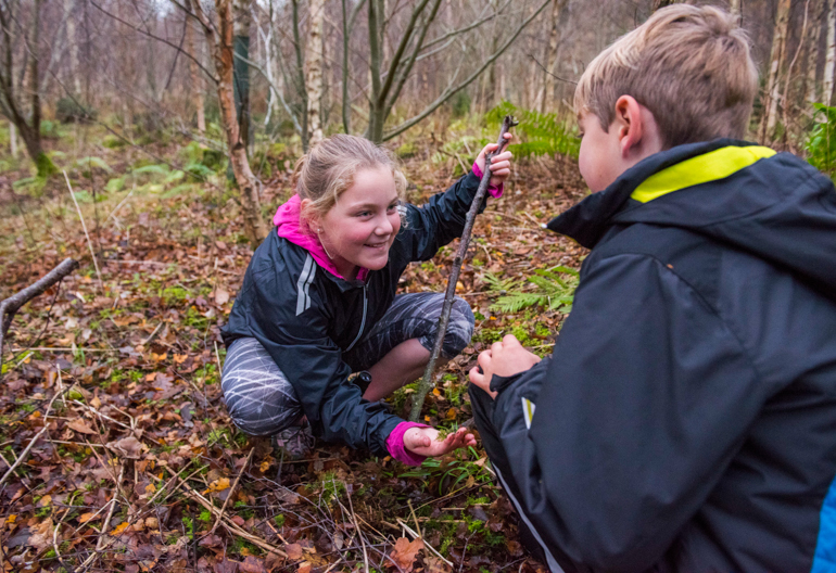 A boy and girl look at wildlife on the woodland floor